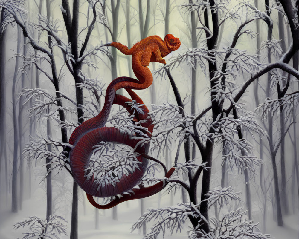 Orange Chameleon on Branch in Snowy Forest with Bare Trees