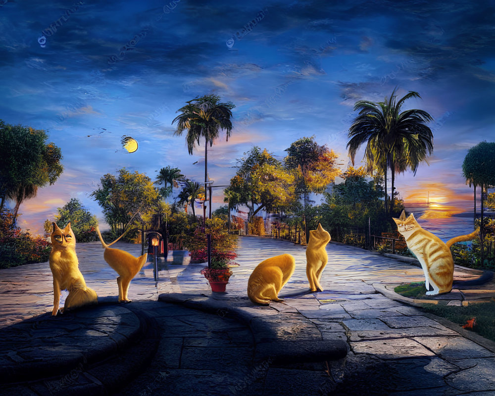 Glowing orange cats on cobblestone path at twilight with palm trees and hot air balloon