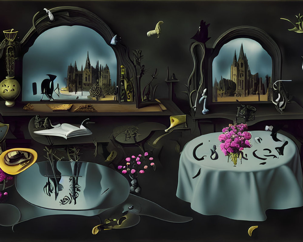 Surreal Room with Gothic Buildings, Whimsical Items, and Animals