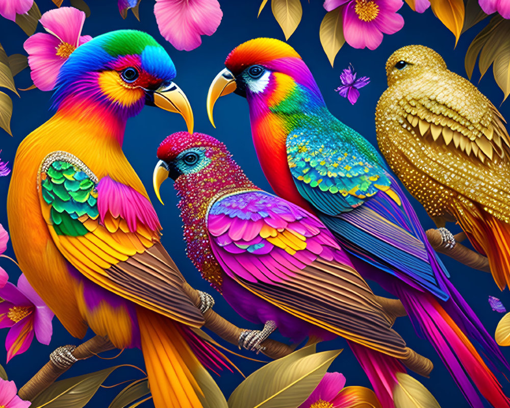 Colorful illustrated parrots with intricate plumage on branches against blue floral backdrop