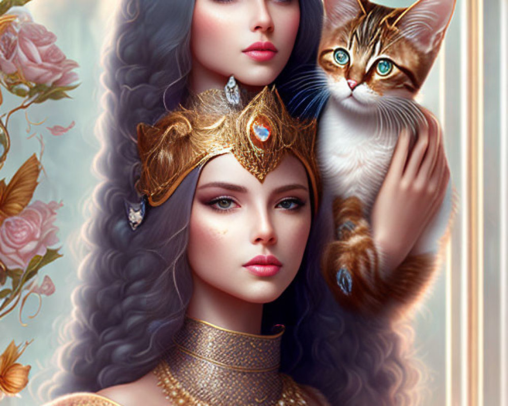 Regal women with golden crowns and jewelry holding a tabby cat among soft roses