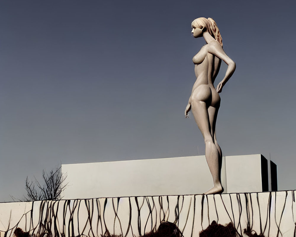 Slender female figure statue standing elegantly on wall with clear sky background