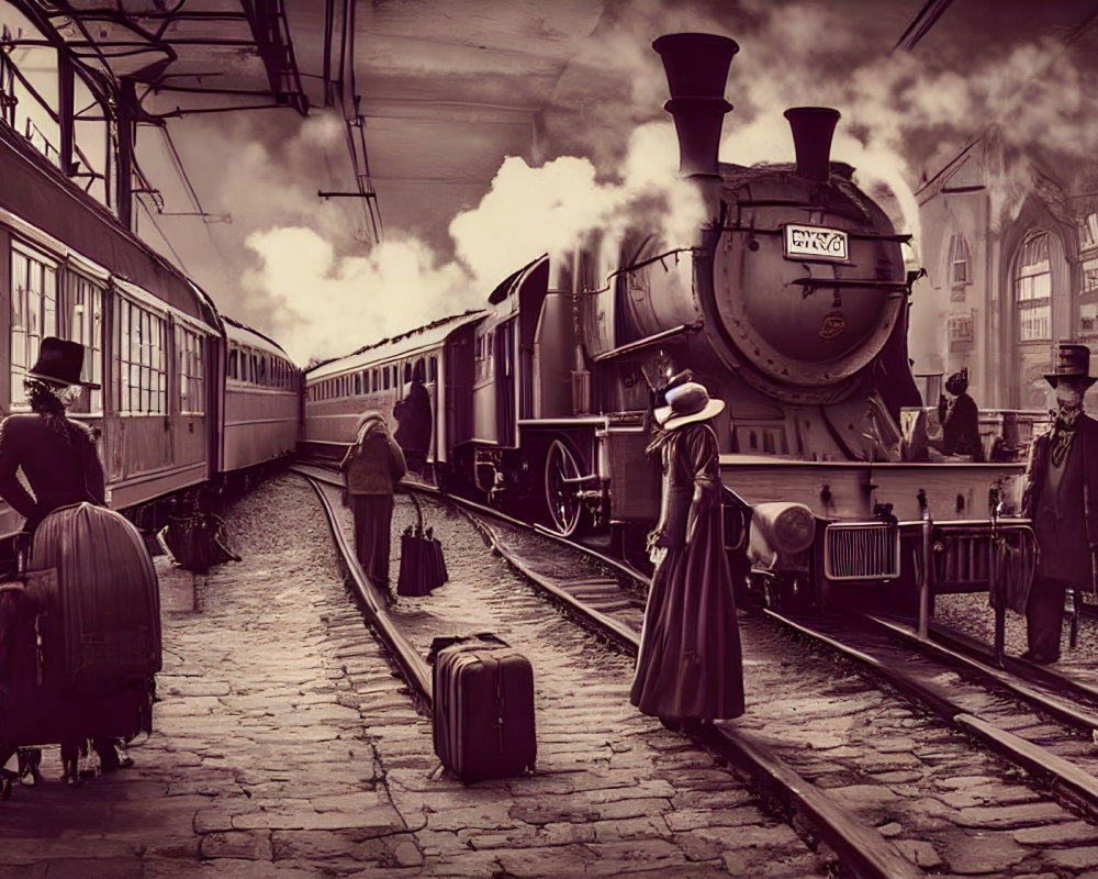 Sepia-Toned Image of Vintage Attired Passengers Waiting on Platform