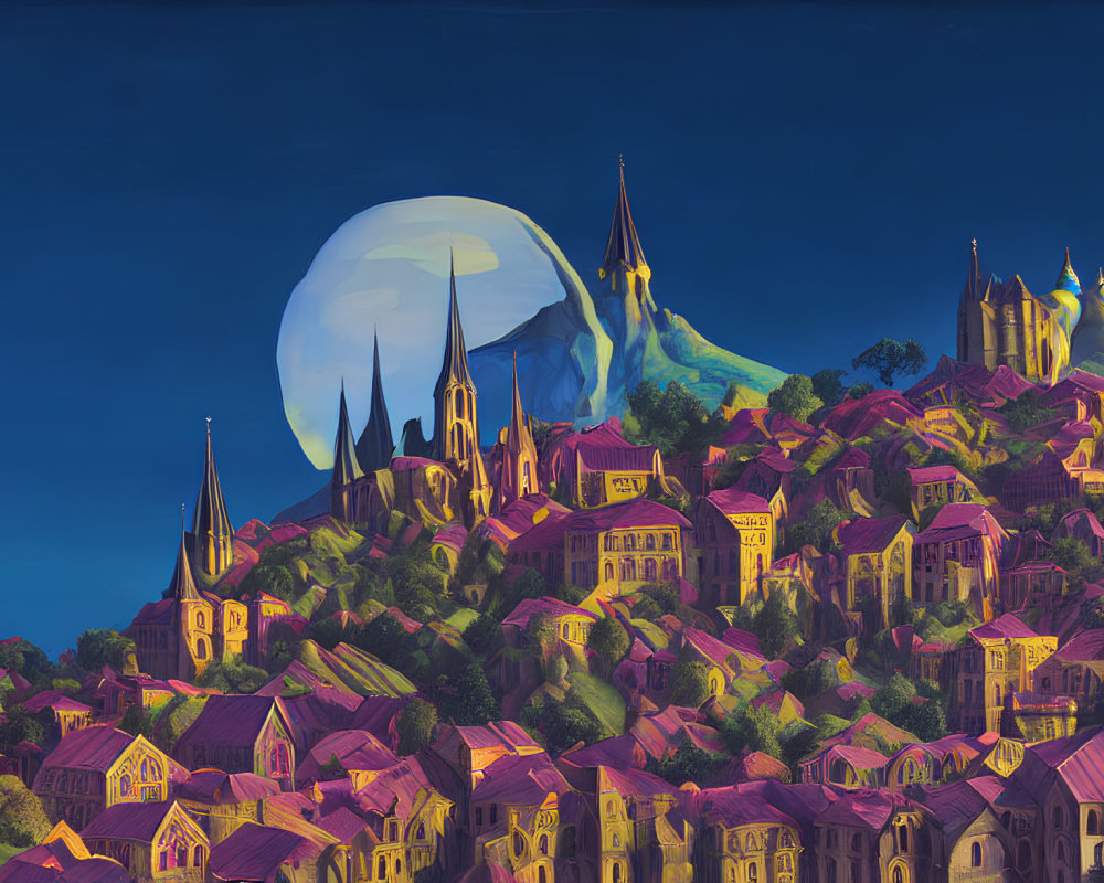 Colorful moonlit village painting with steeples under night sky