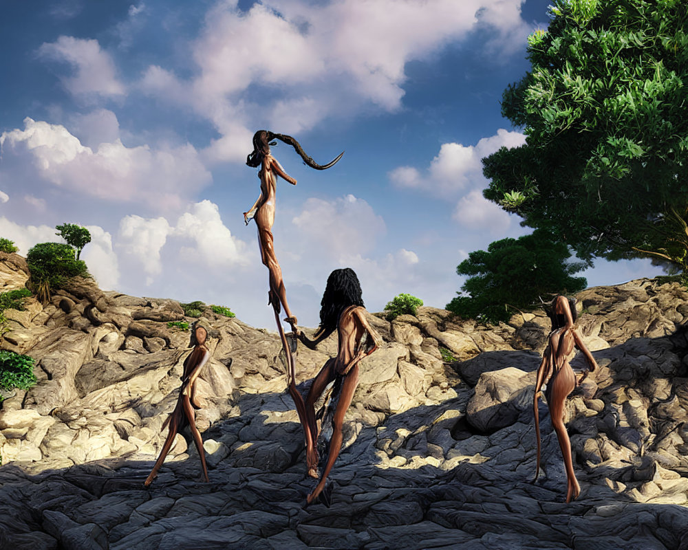 Three humanoid figures with staff on rocky terrain under clear sky