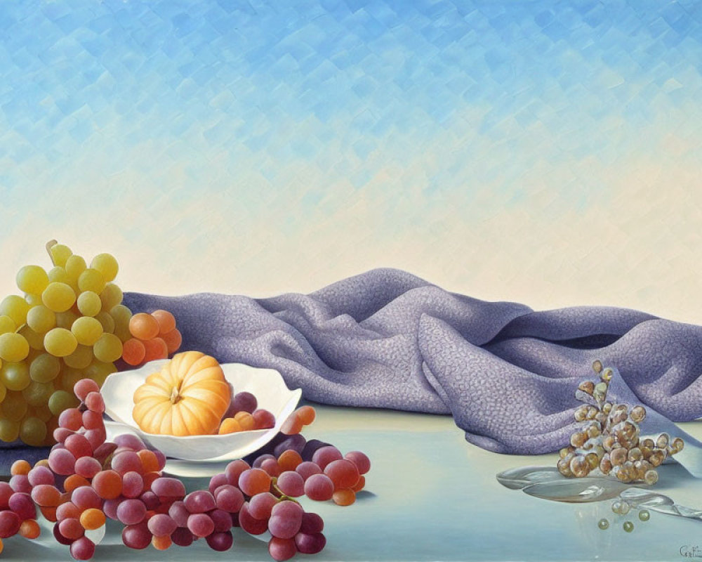 Classic Still Life Painting: Grapes, Orange, Purple Cloth on Blue Background