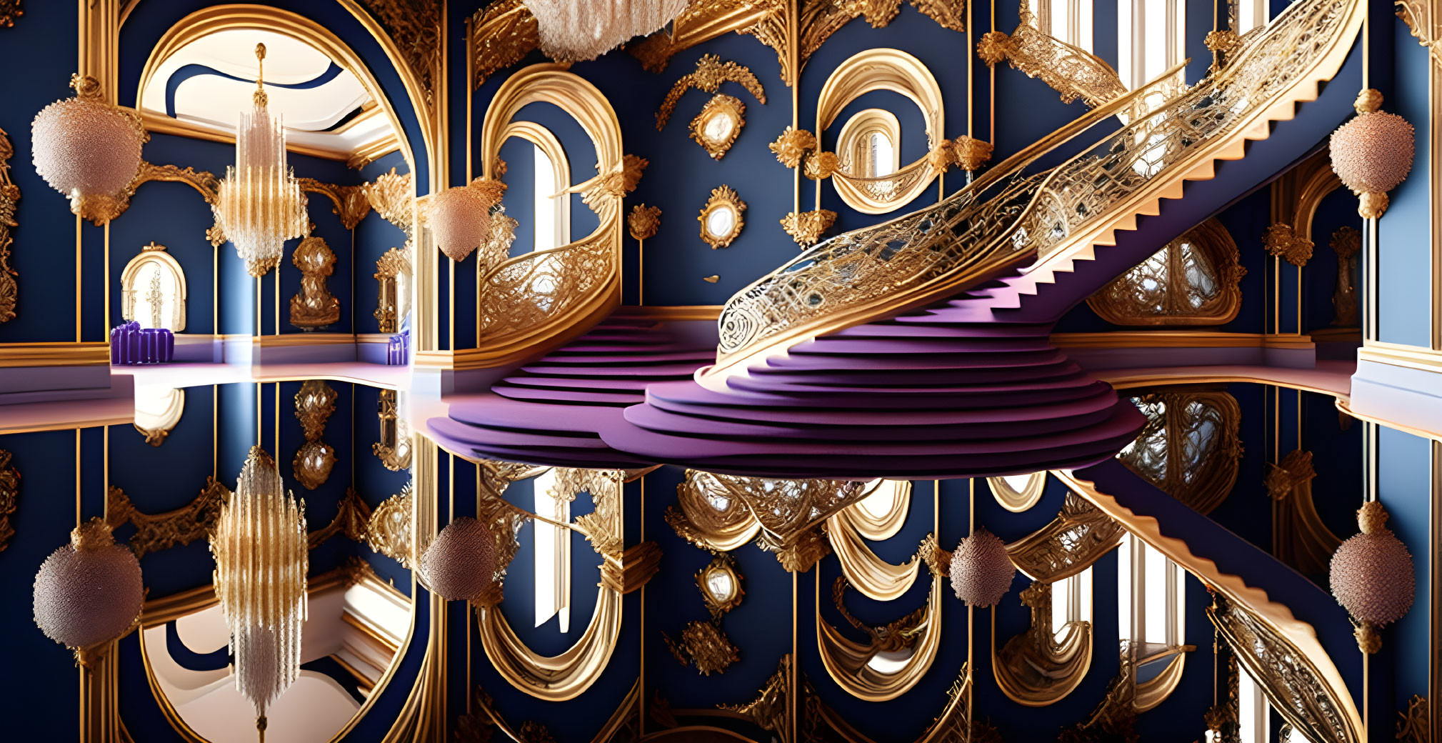 Opulent room with grand purple staircase and ornate golden details