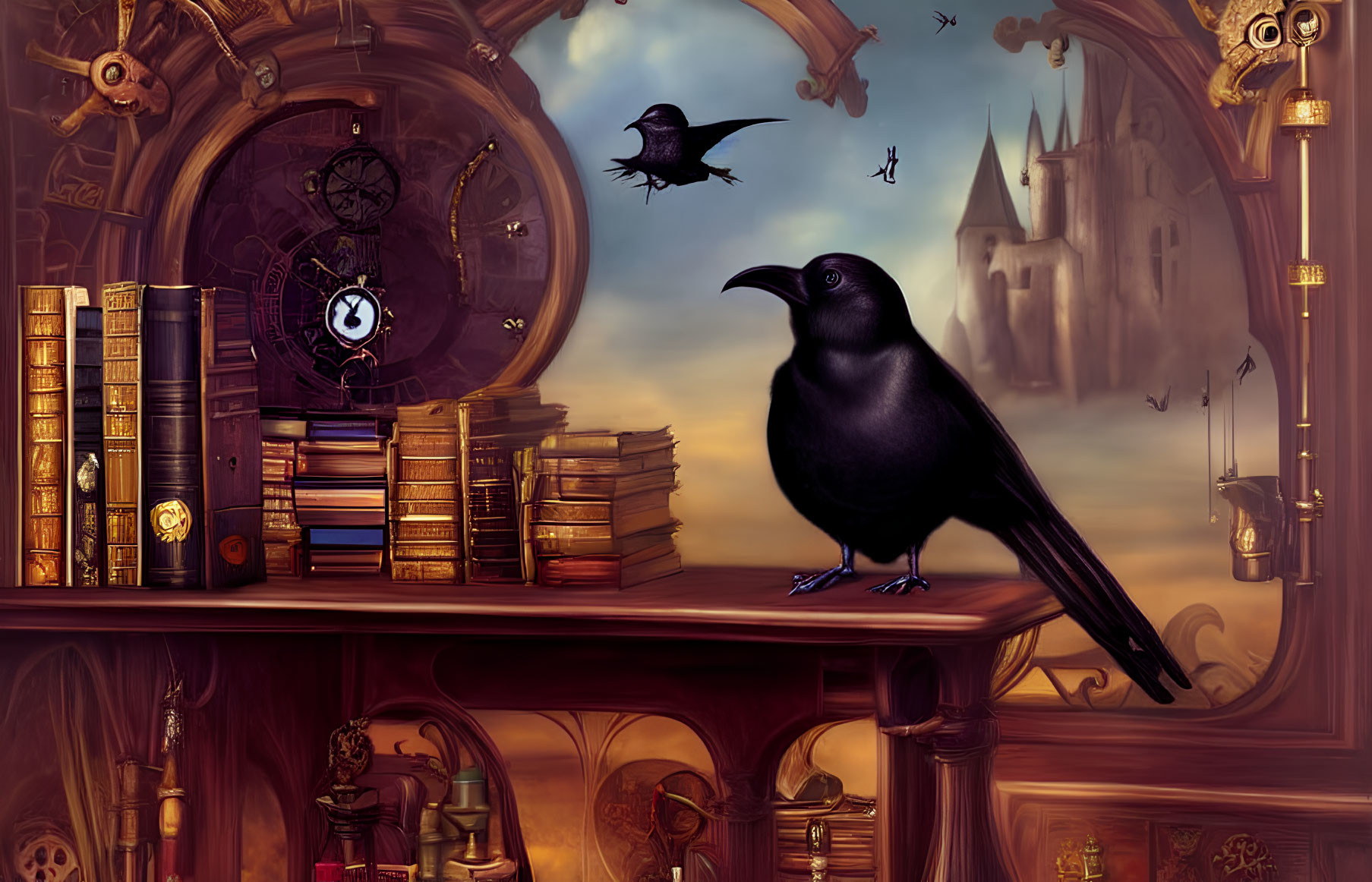 Raven on wooden table with books, clock, gears, twilight sky, castle