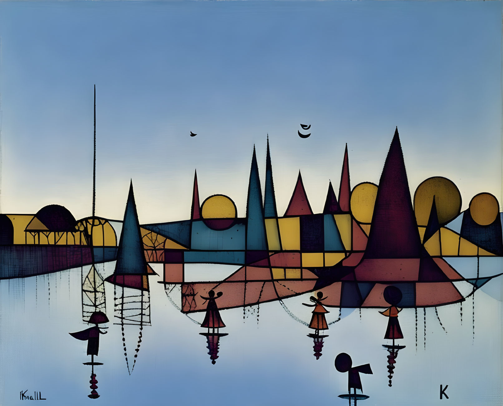 Colorful Stylized Cityscape Painting with Geometric Shapes and Reflective Water at Dawn or D