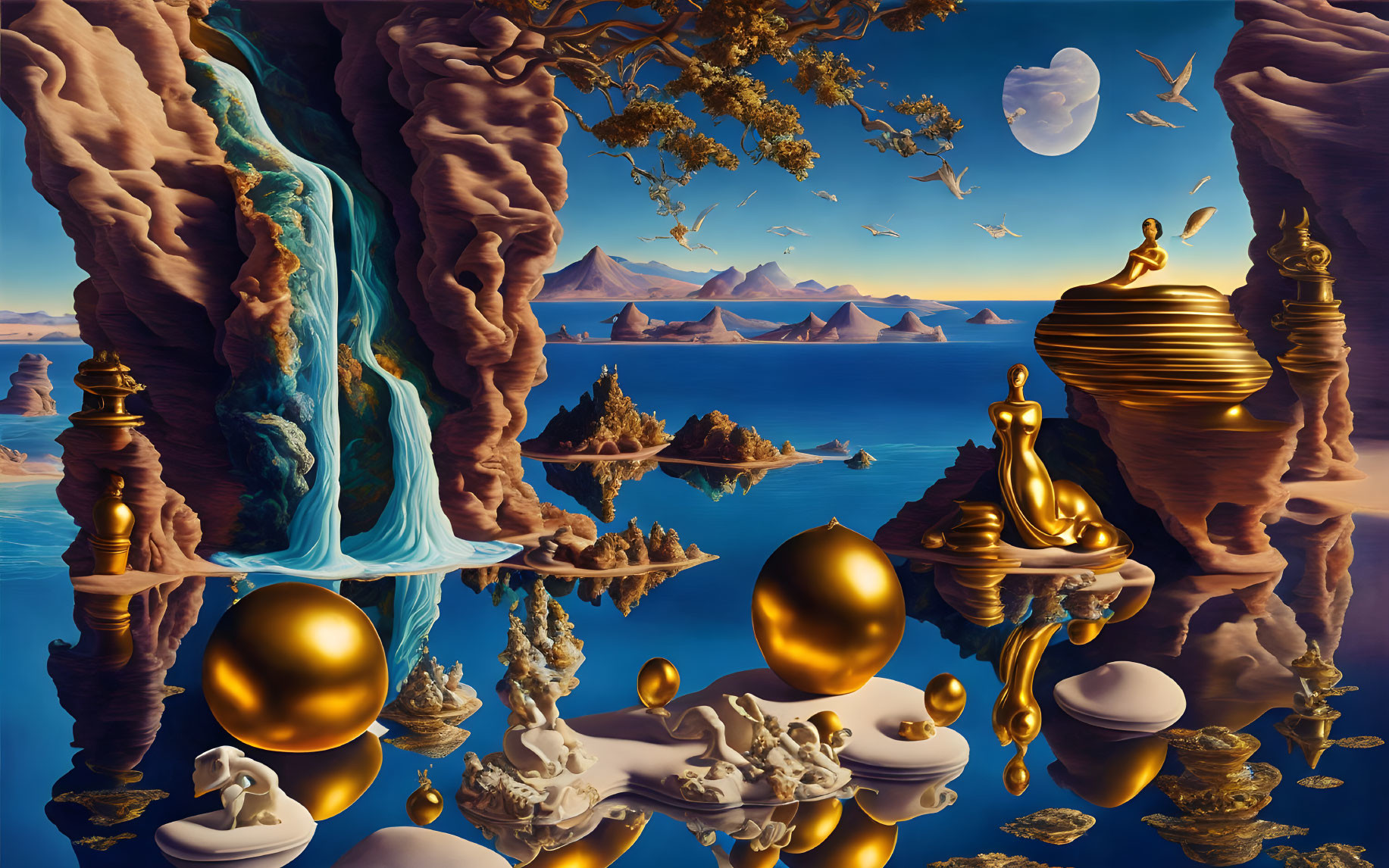 Surreal landscape featuring golden figures, reflective orbs, waterfalls, and rock formations under a blue