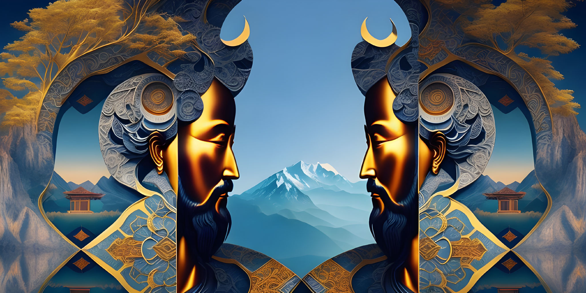 Symmetrical ornate faces with crescent moons, Asian architecture landscape.