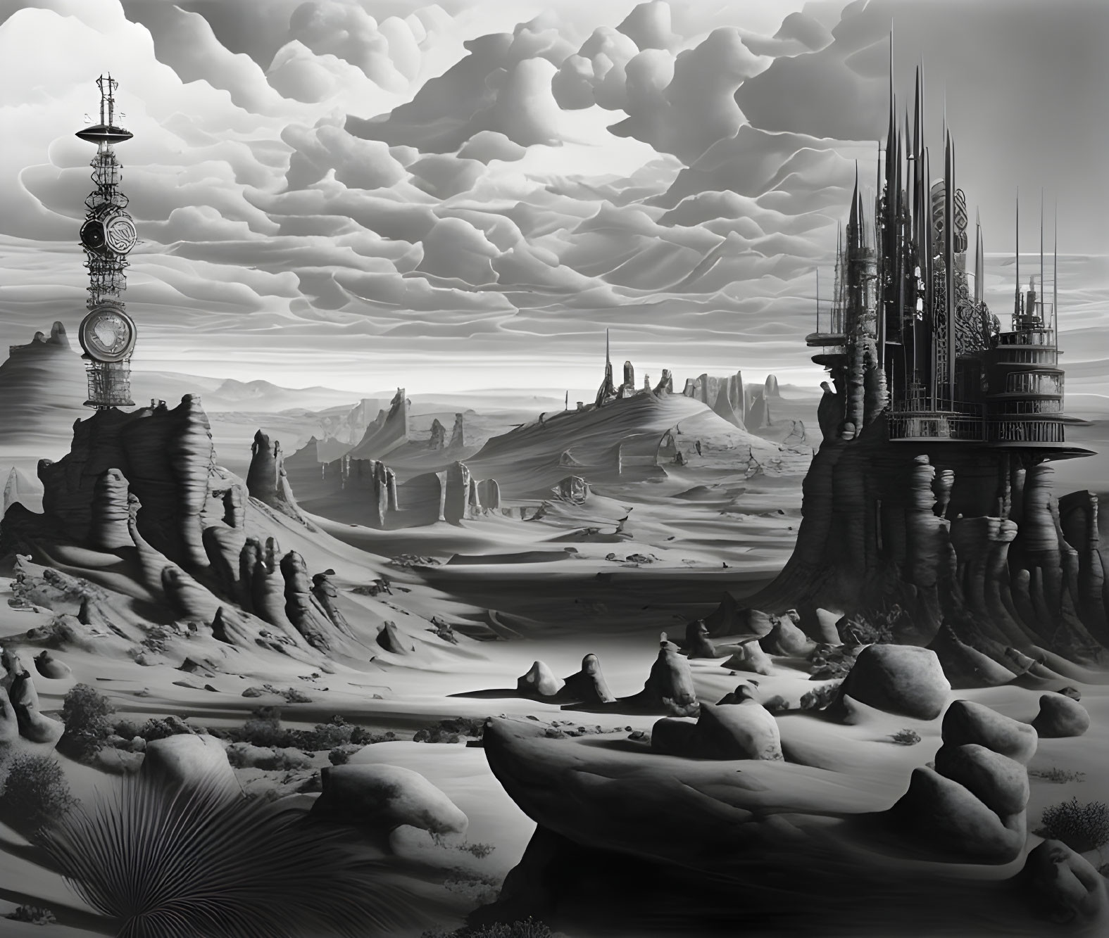 Monochromatic futuristic cityscape with towers and Big Ben-like structure under dramatic sky