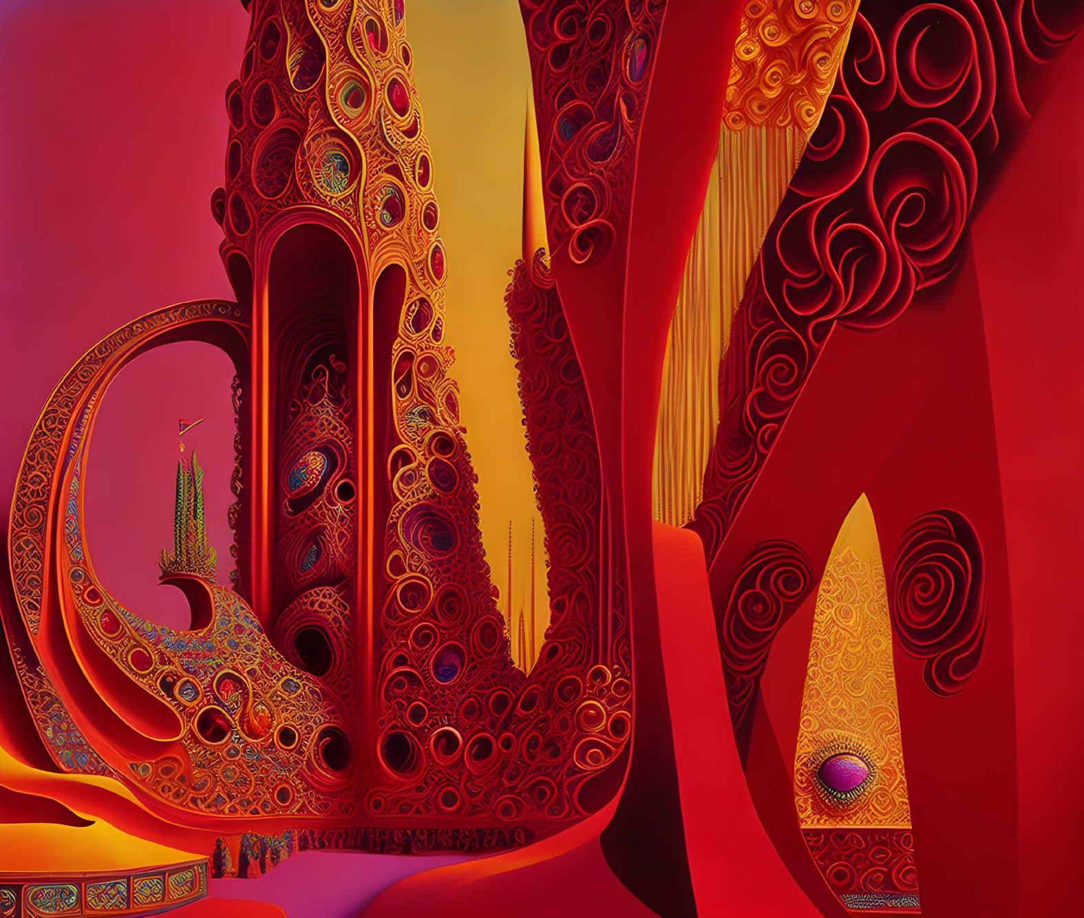 Vivid Red and Orange Abstract Art with Swirling Patterns and Surreal Architectural Feel