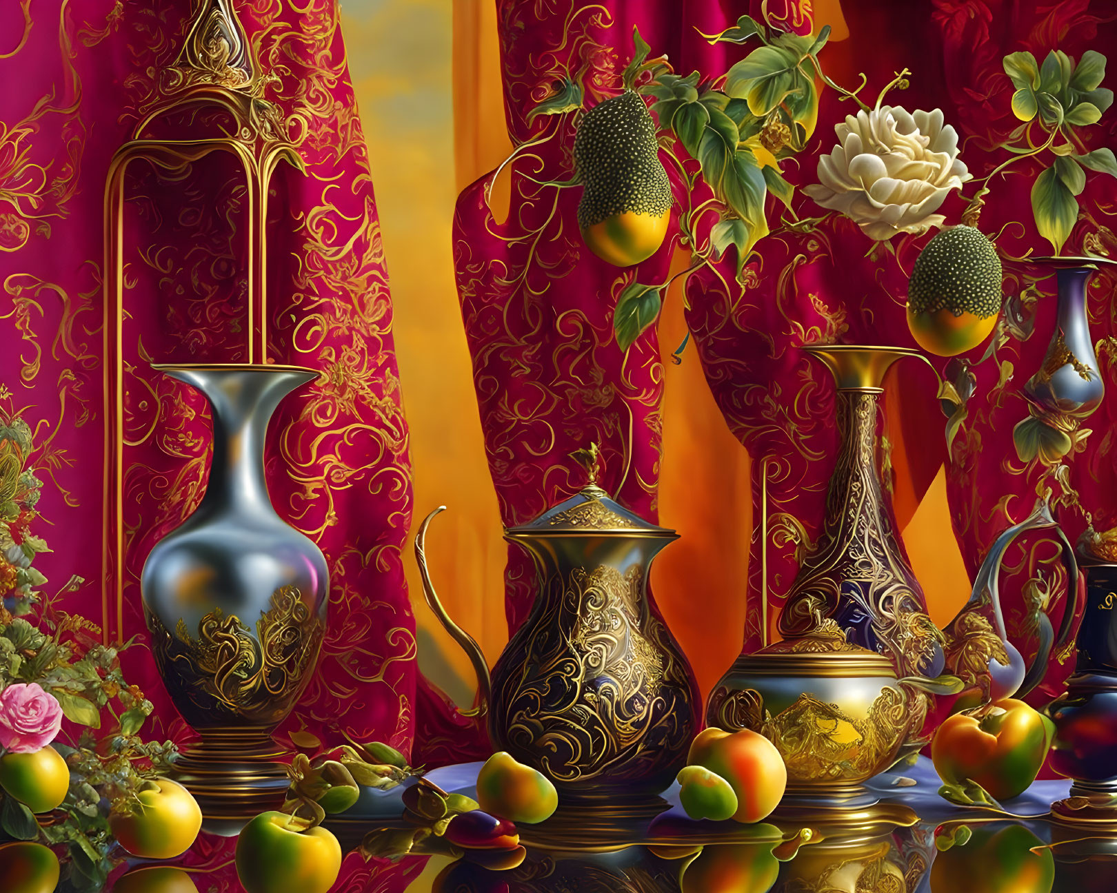 Ornate metallic vases, pitchers, fruits, and flowers on red drapery