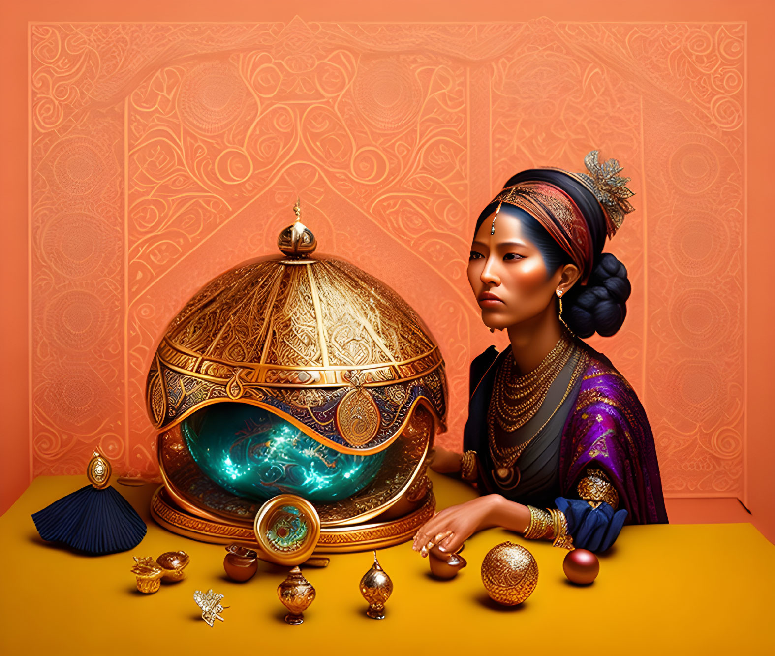 Traditional Indian Attire Woman Beside Golden Sphere with Blue Aura