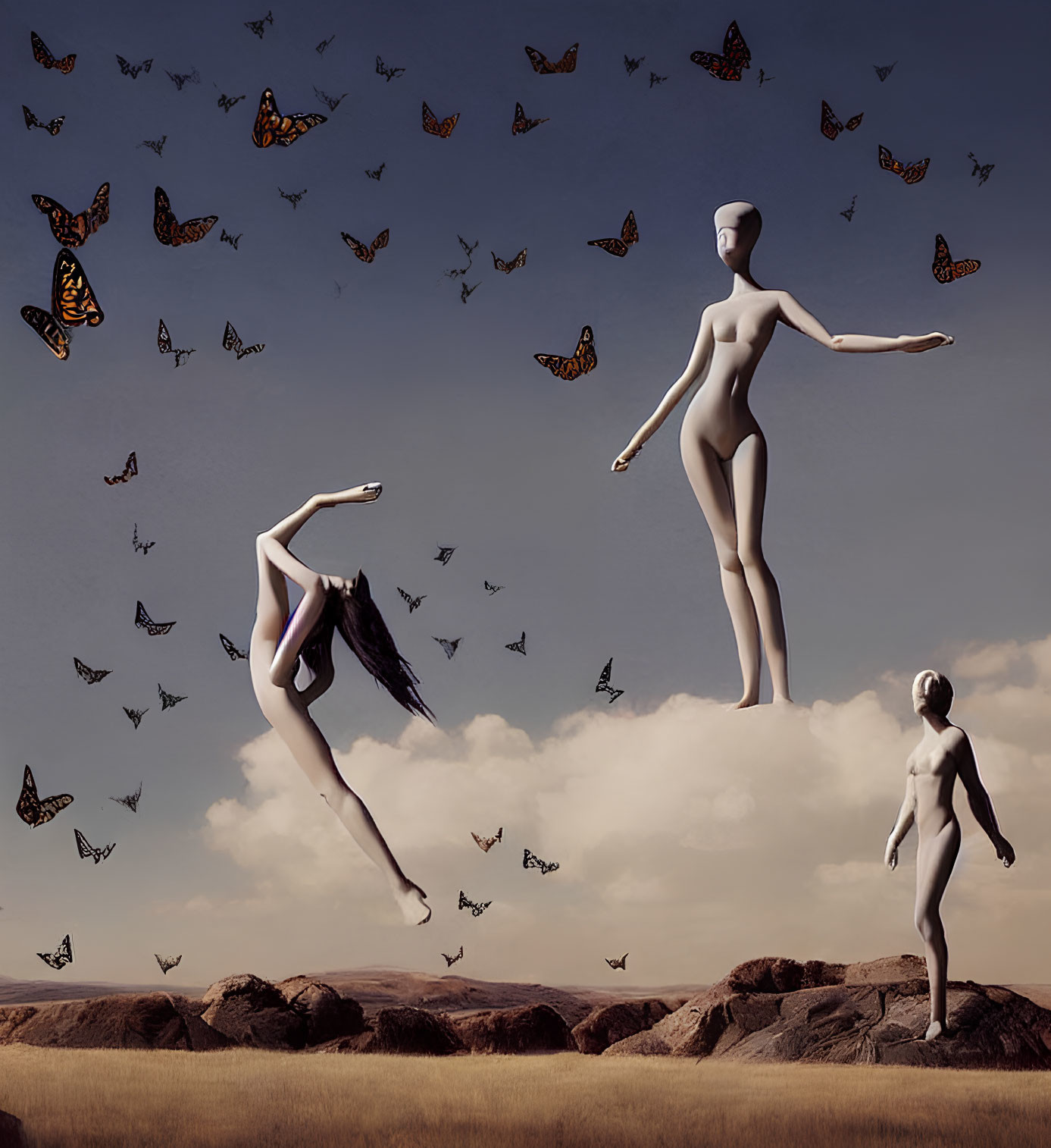 Surreal figures with butterflies in desert landscape