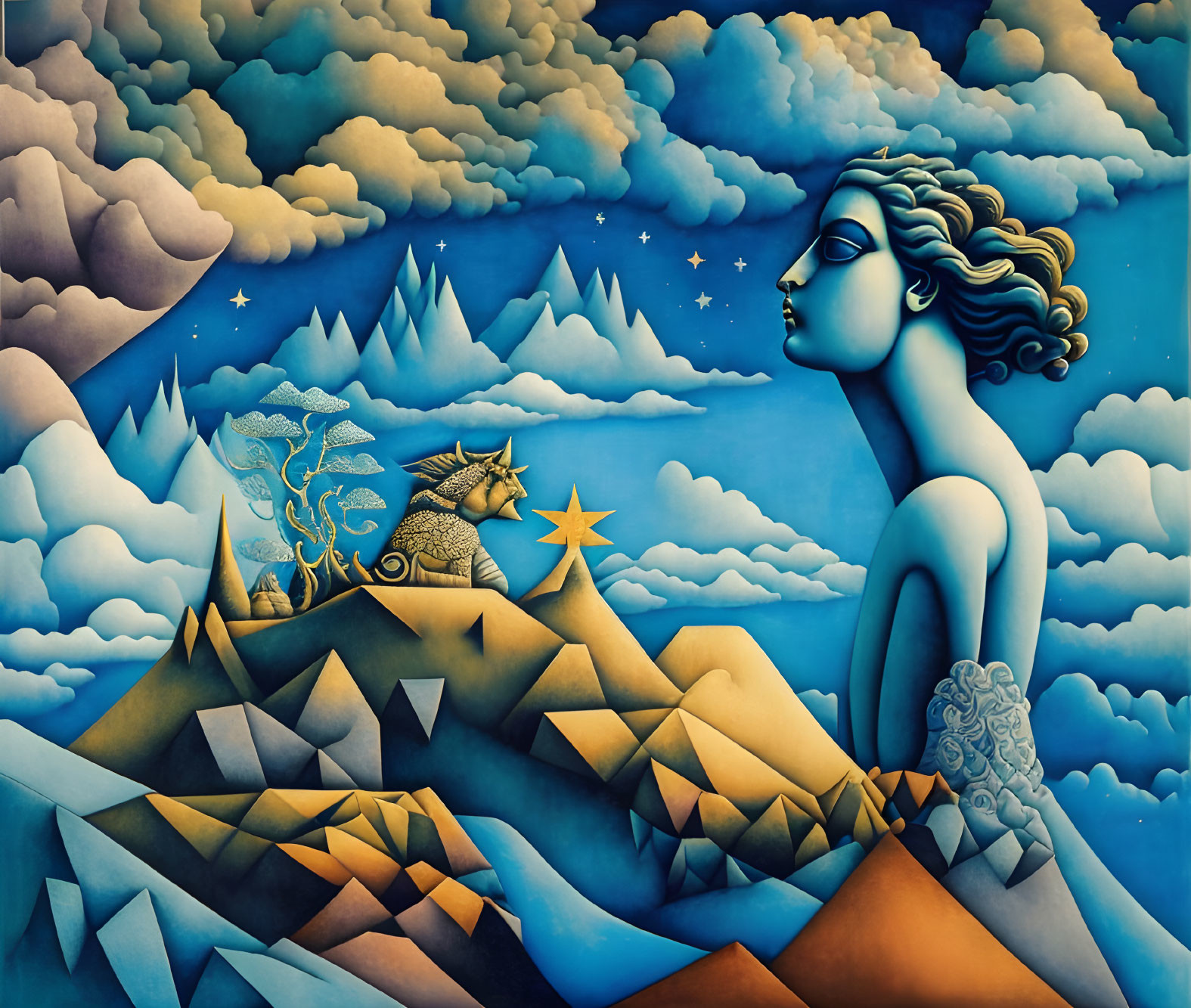 Surrealist painting of woman, starry sky, geometric landscape, and cat.