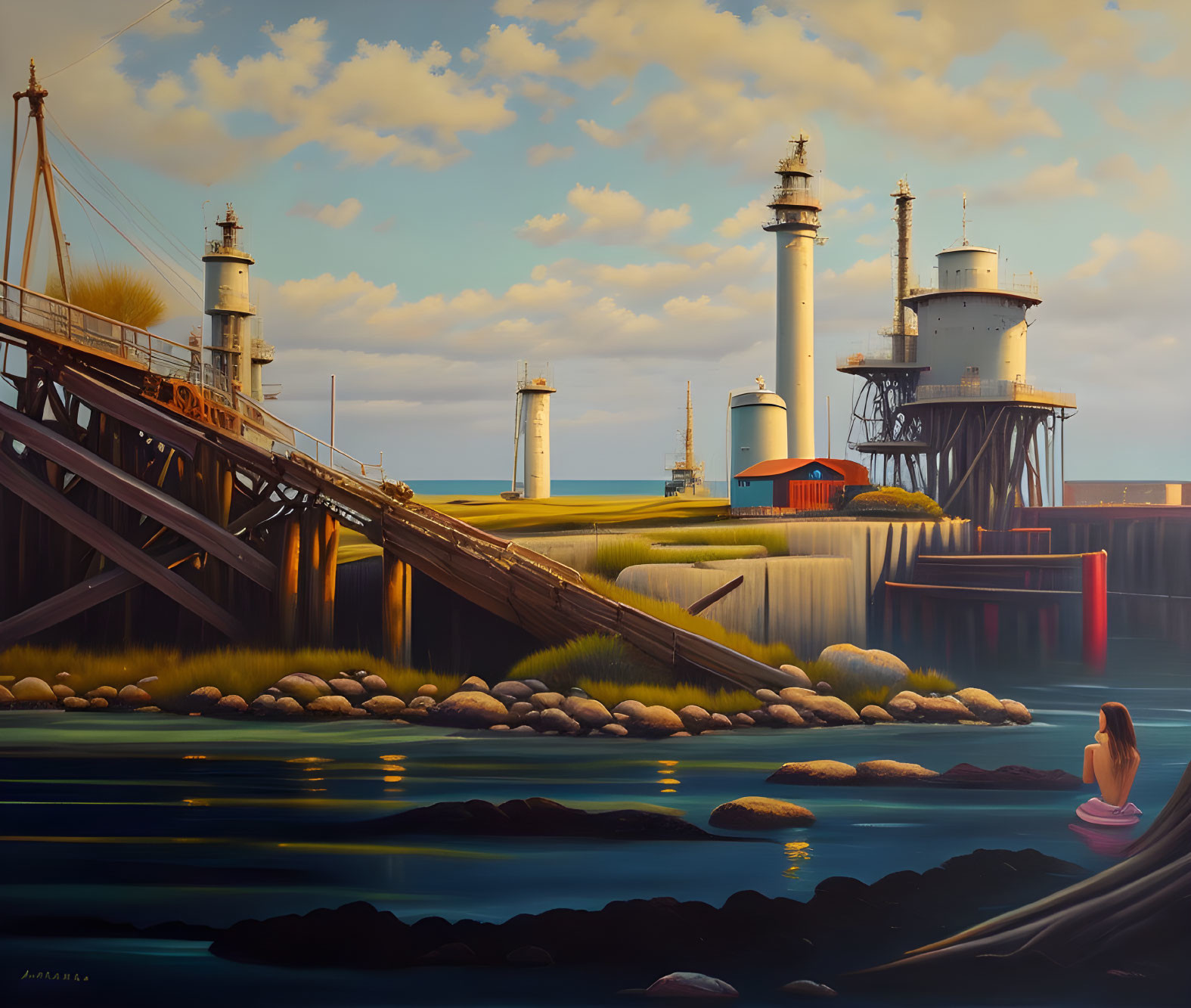 Surreal painting of person by river with lighthouses & industrial structures