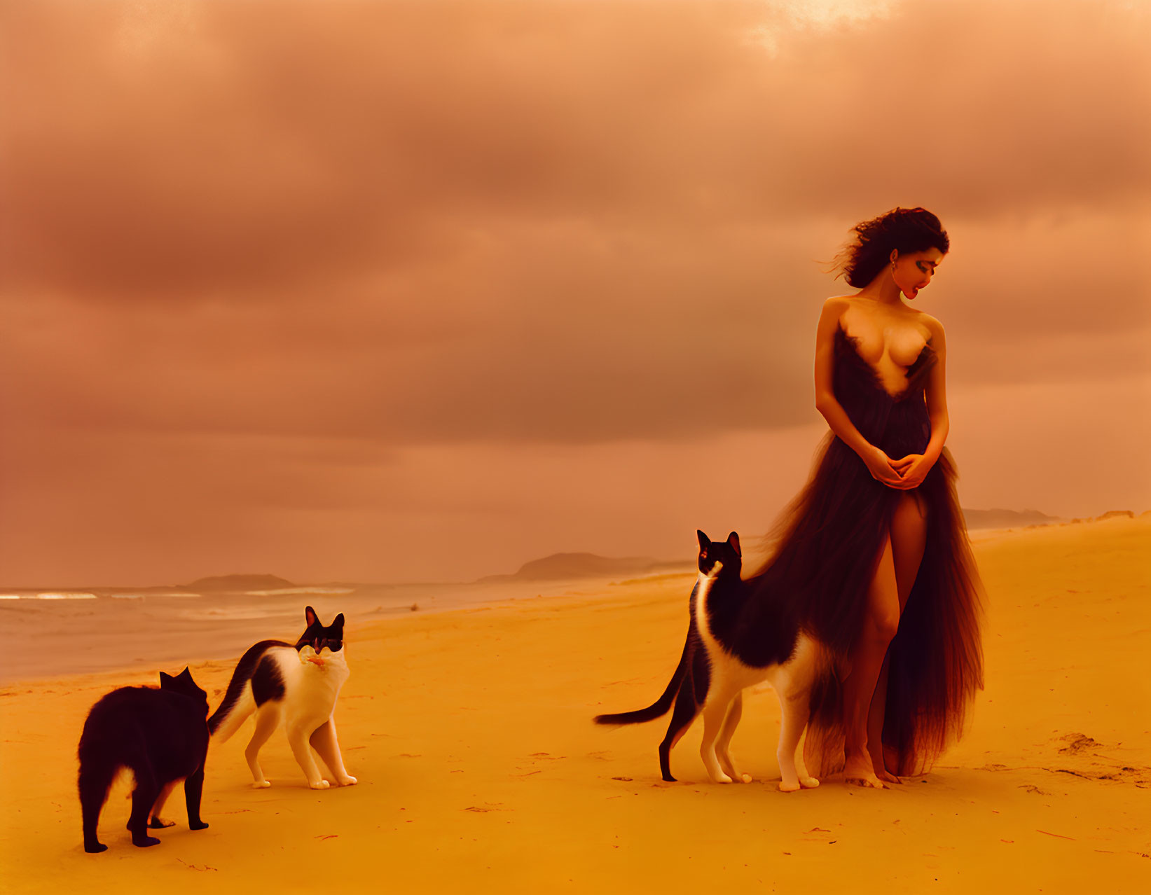 Woman in flowing gown with three elegant cats on serene beach at dusk