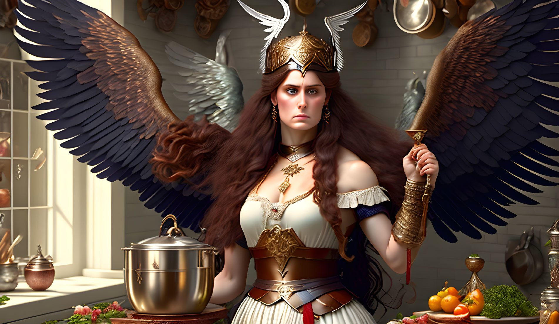 Digital artwork of winged woman in armor with sword in kitchen setting.