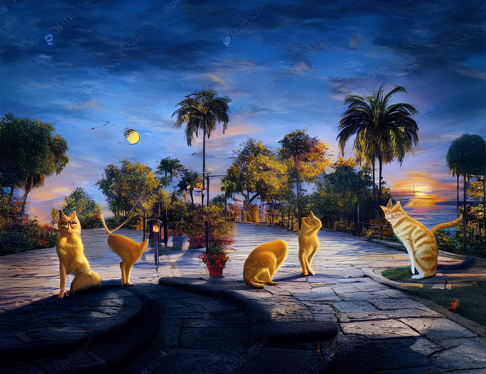 Glowing orange cats on cobblestone path at twilight with palm trees and hot air balloon