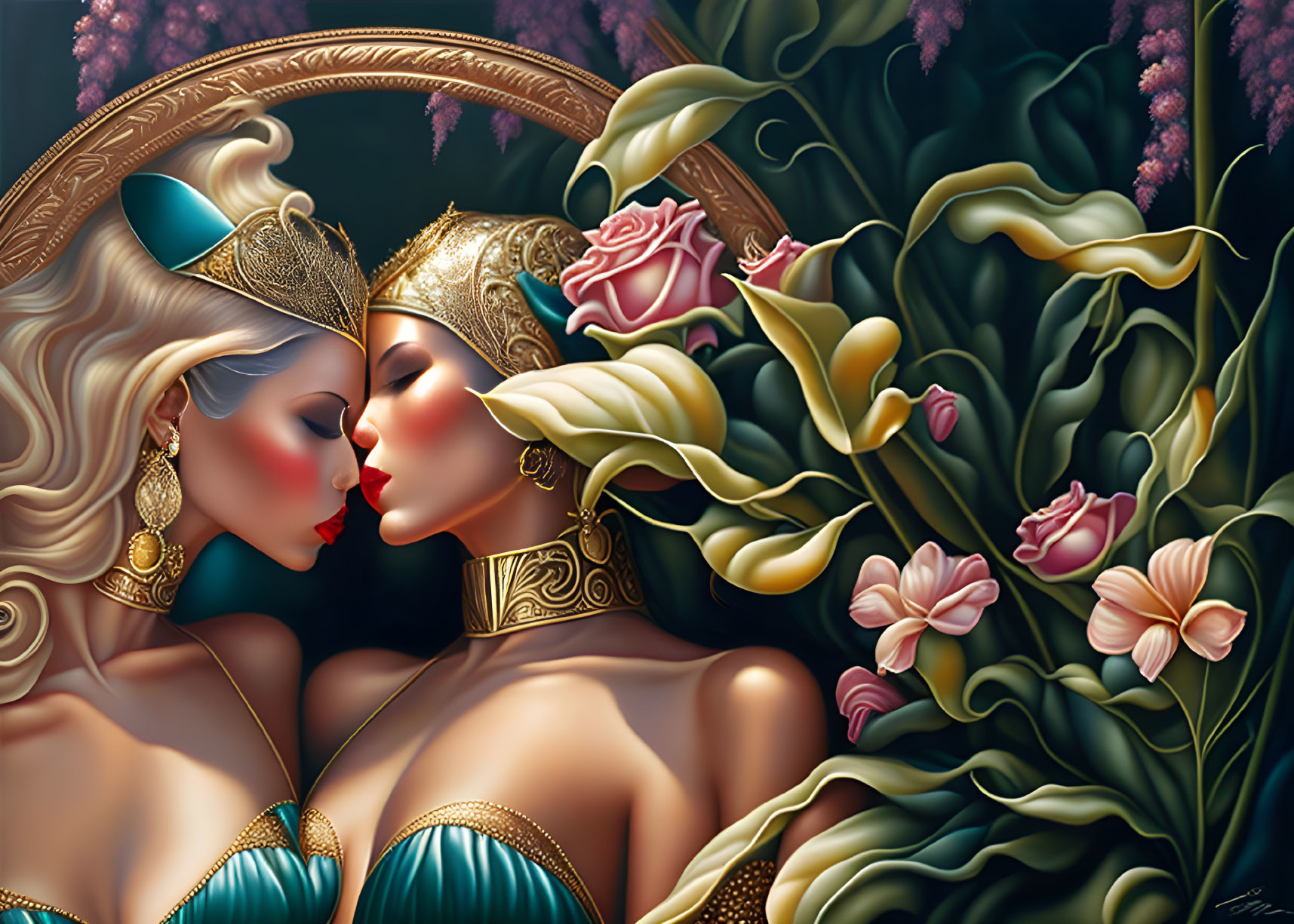 Stylized women in gold headdresses and turquoise attire among vibrant flowers.