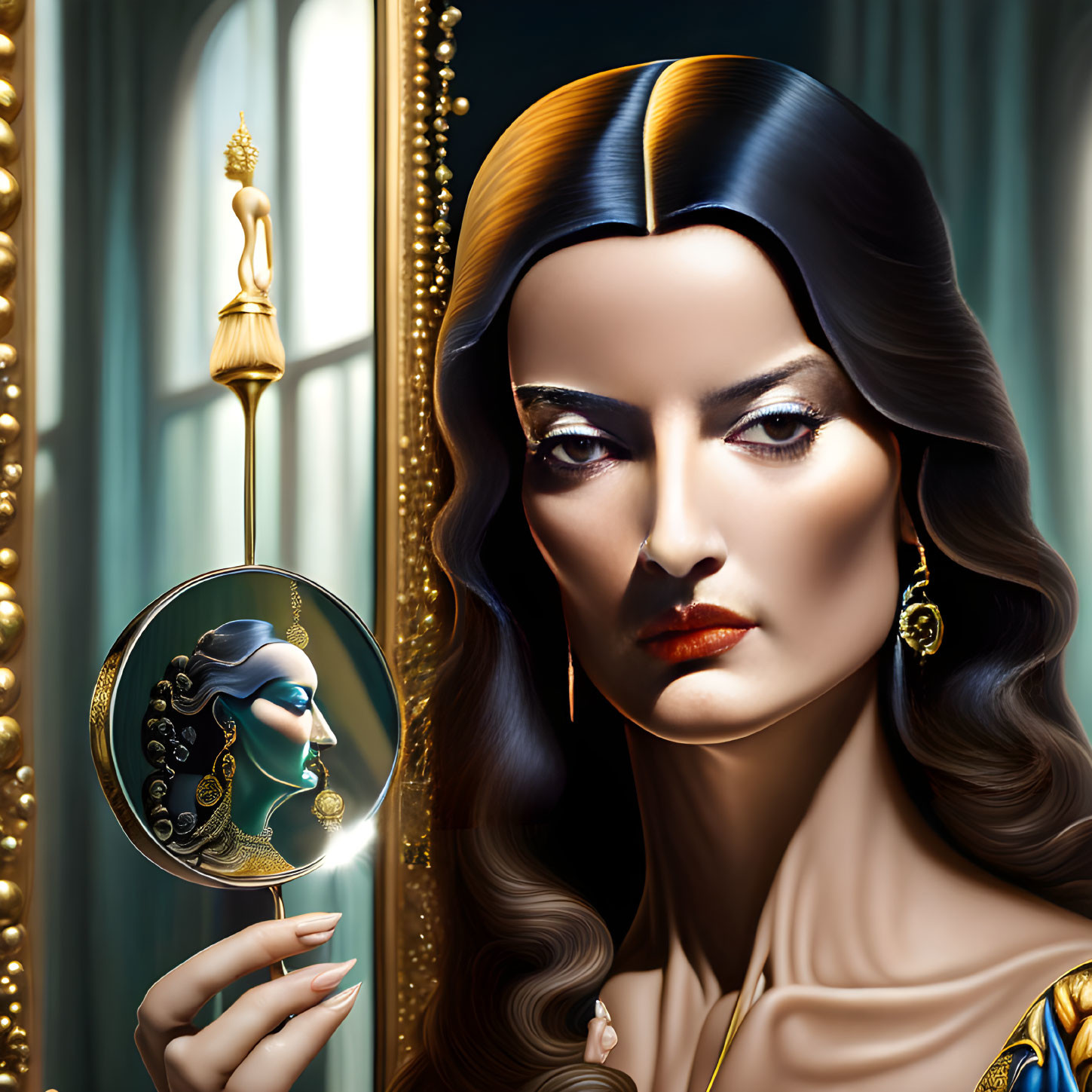 Sleek-haired woman holding ornate mirror with luxurious backdrop