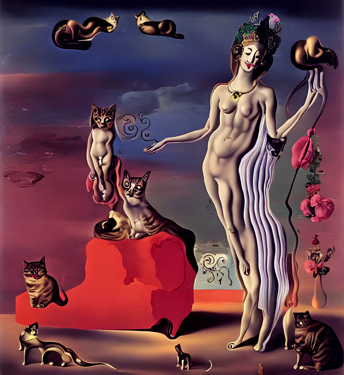 Surreal Painting: Crowned One-Legged Figure with Floating Cats