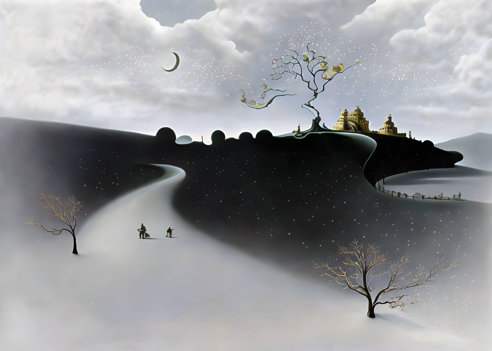 Surreal landscape with starry road, golden castle, crescent moon, travelers on horseback