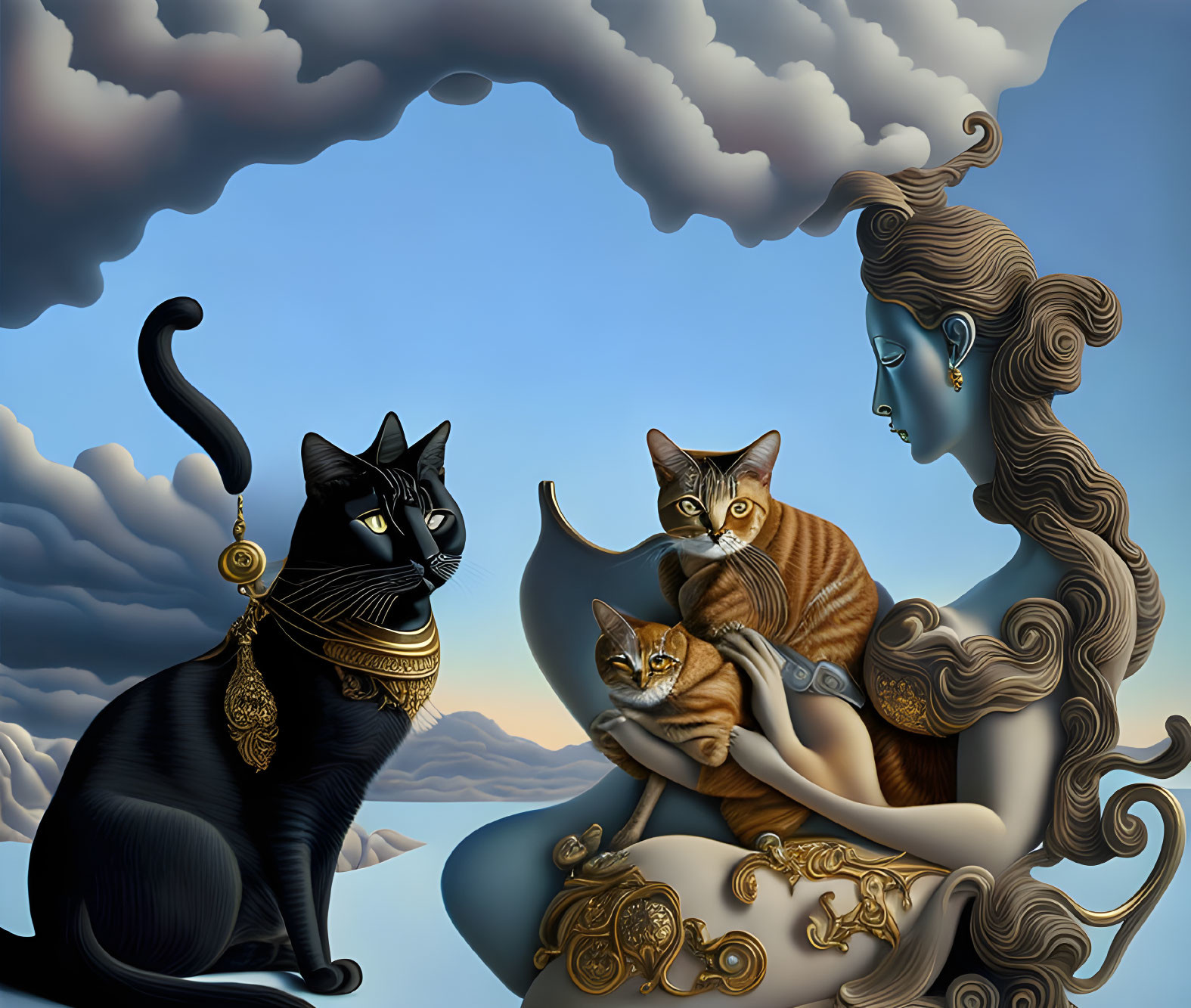 Stylized artwork of woman with flowing hair and ornate cats in serene sky