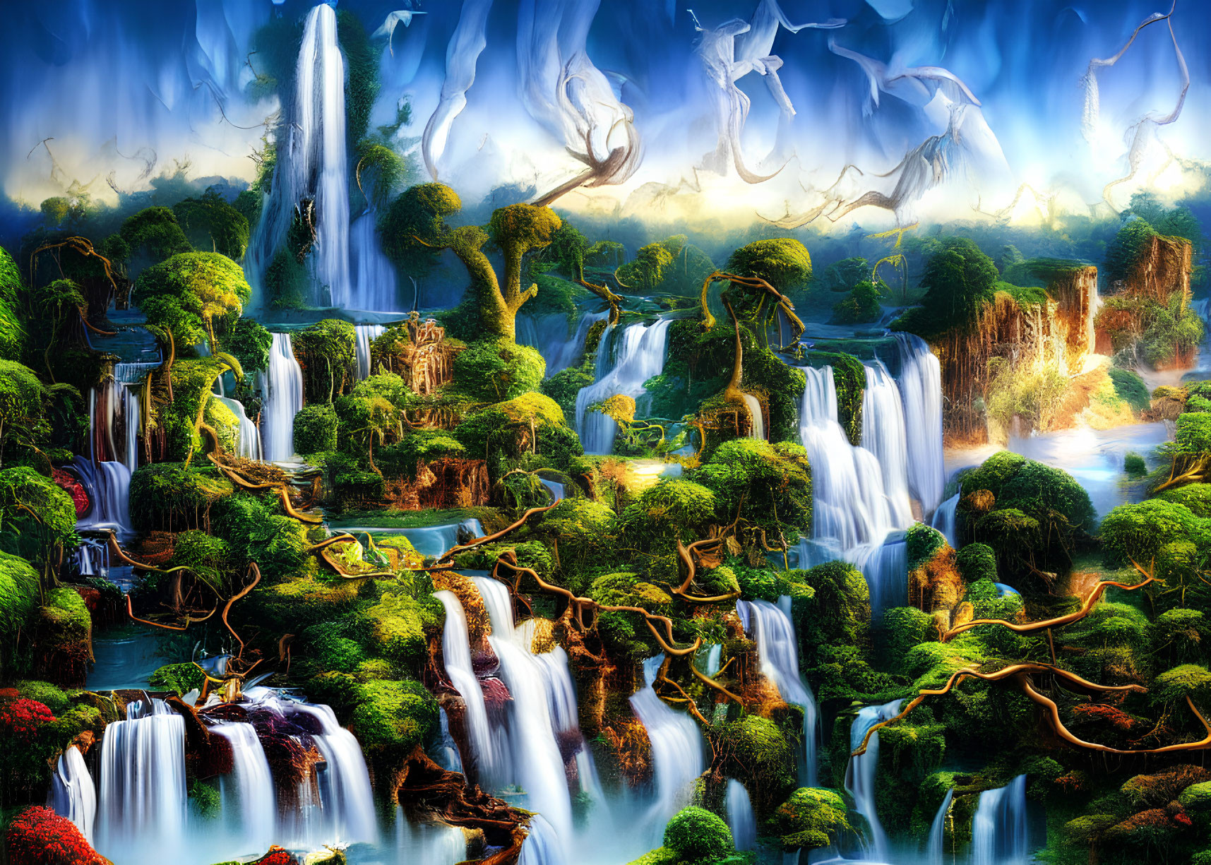 Fantastical landscape with waterfalls, lush vegetation, twisted trees, and blue glow