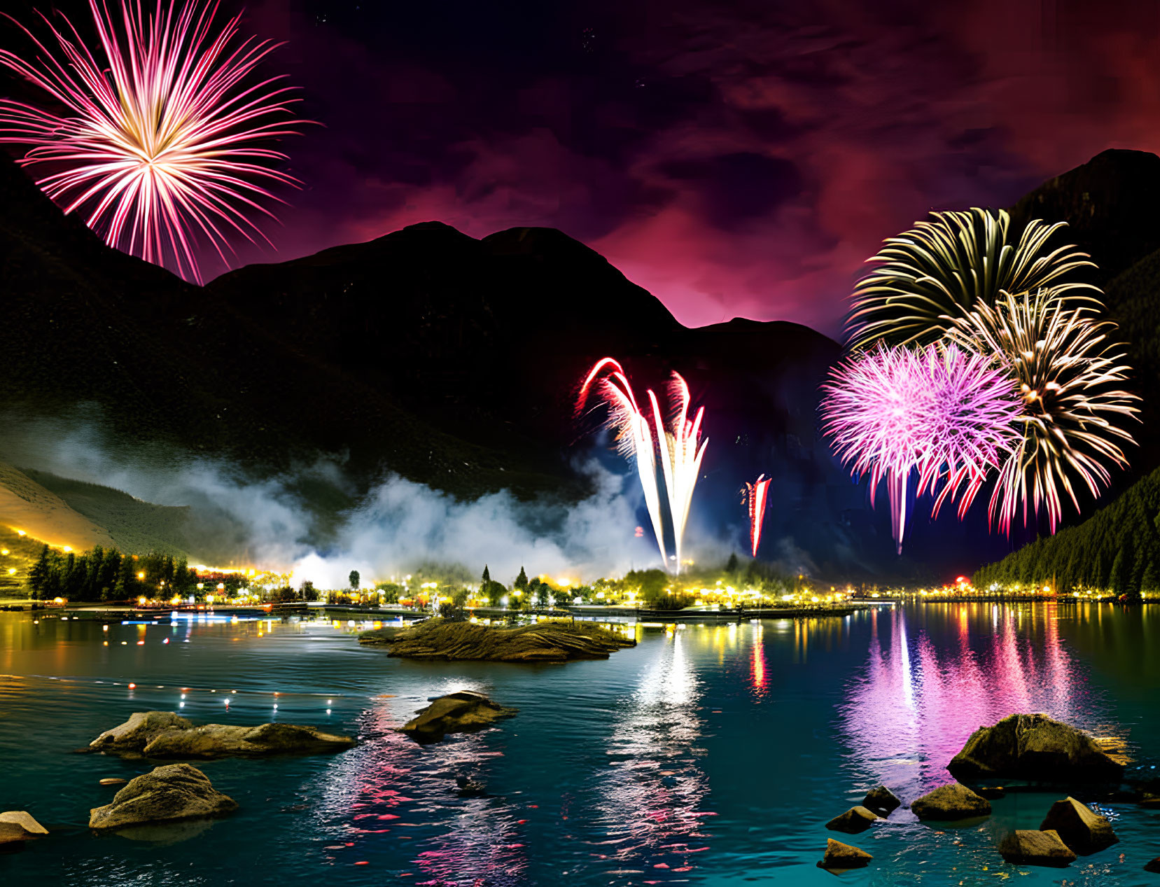 Colorful fireworks over lakeside village with mountain reflections & purple aurora