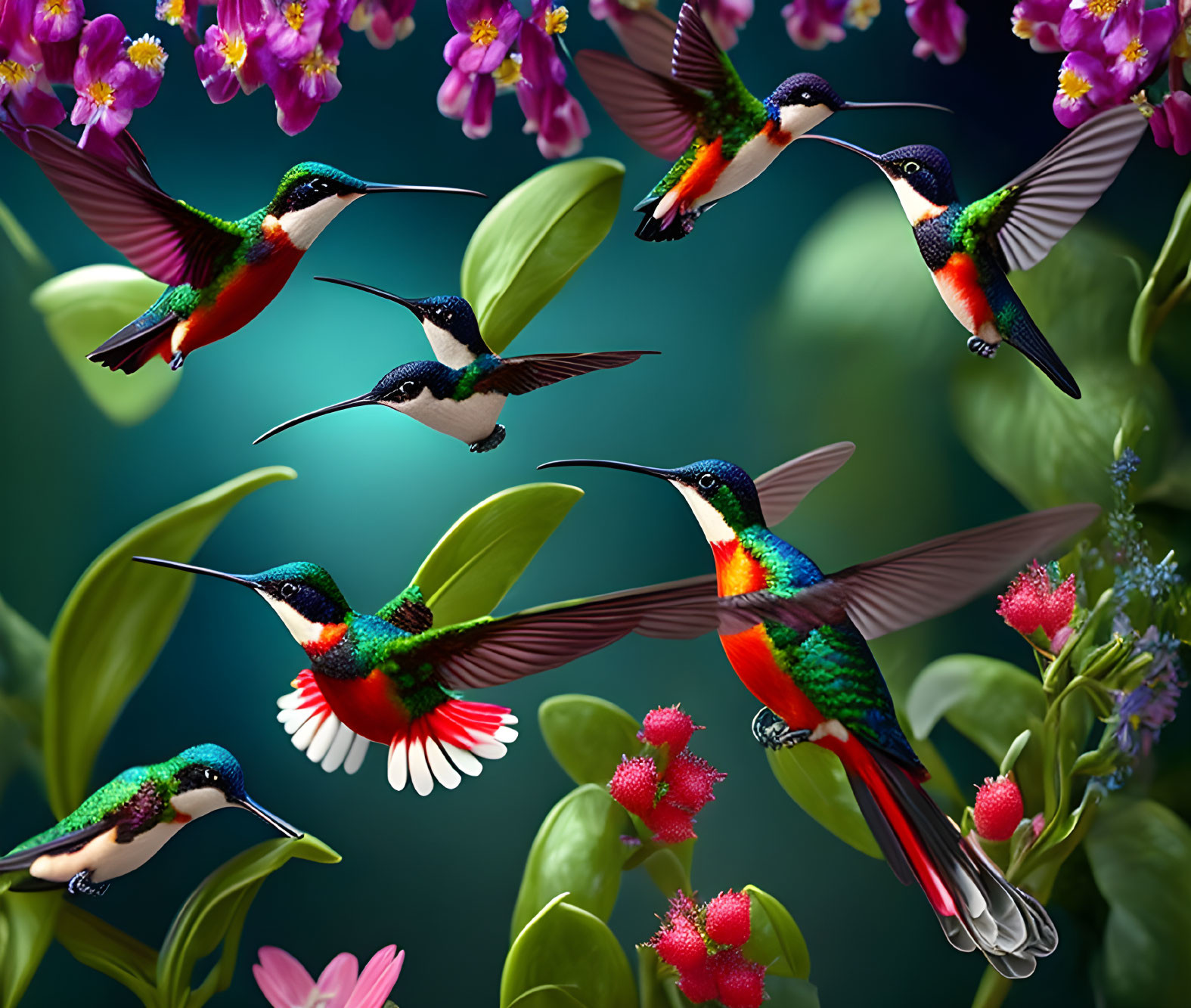 Multiple Hummingbirds in Flight Among Purple and Pink Blossoms