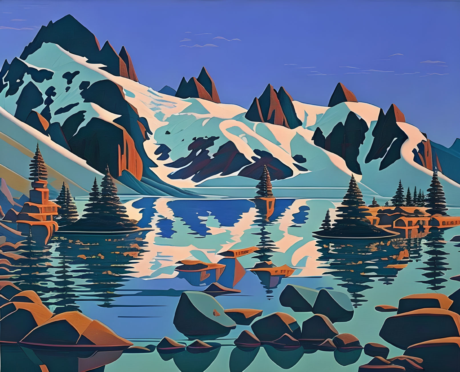 Vibrant mountain landscape with snowy peaks, pine trees, lake, reflections