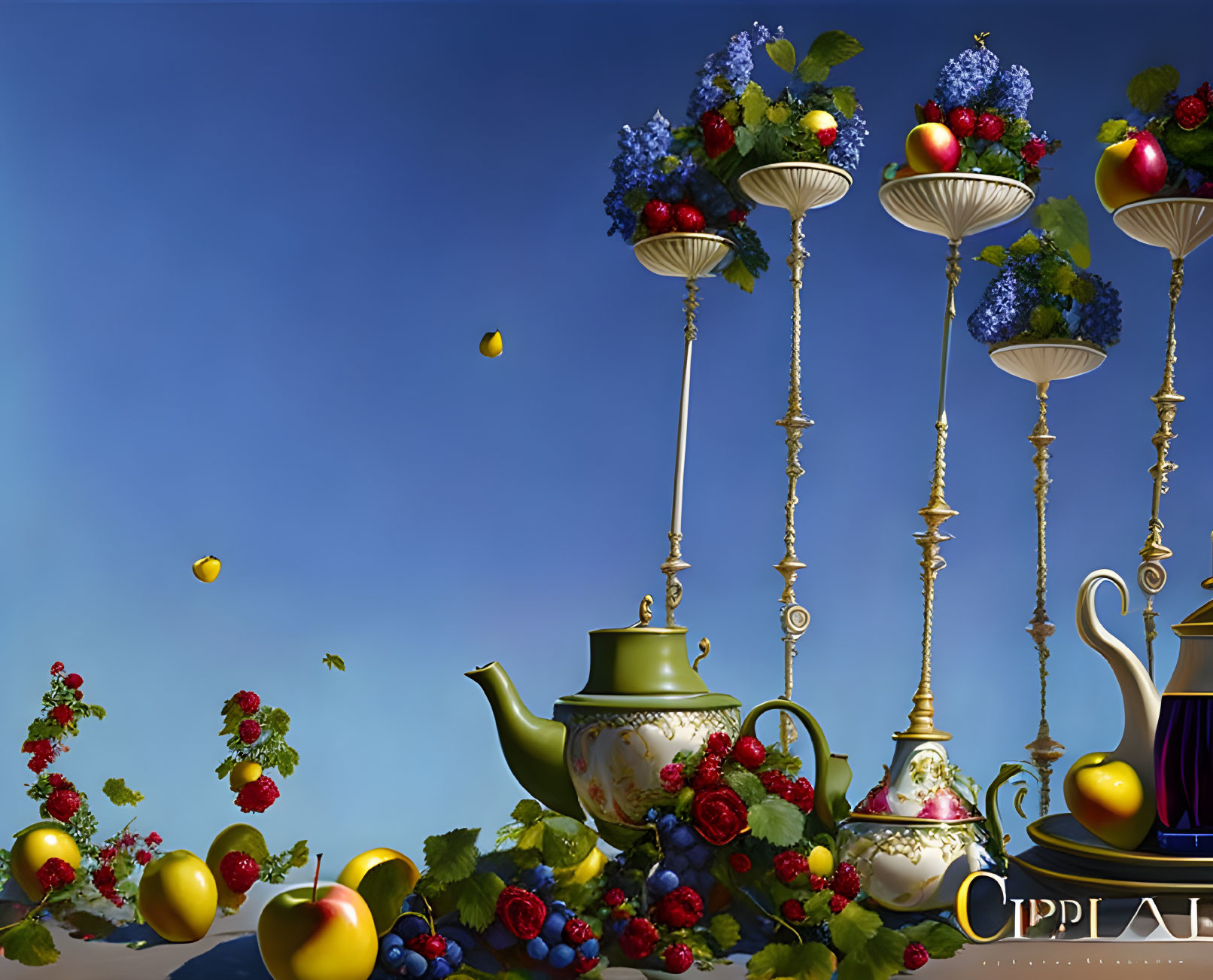 Floating teapots and cups with fruits and flowers on blue background