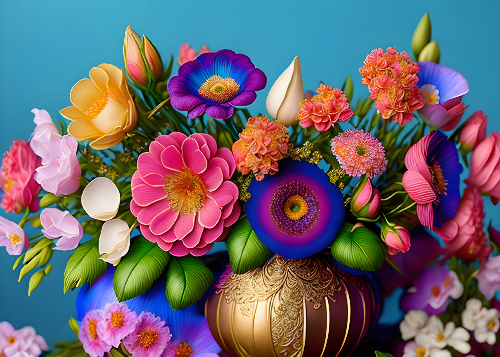 Assorted Flowers in Golden Vase on Blue Background