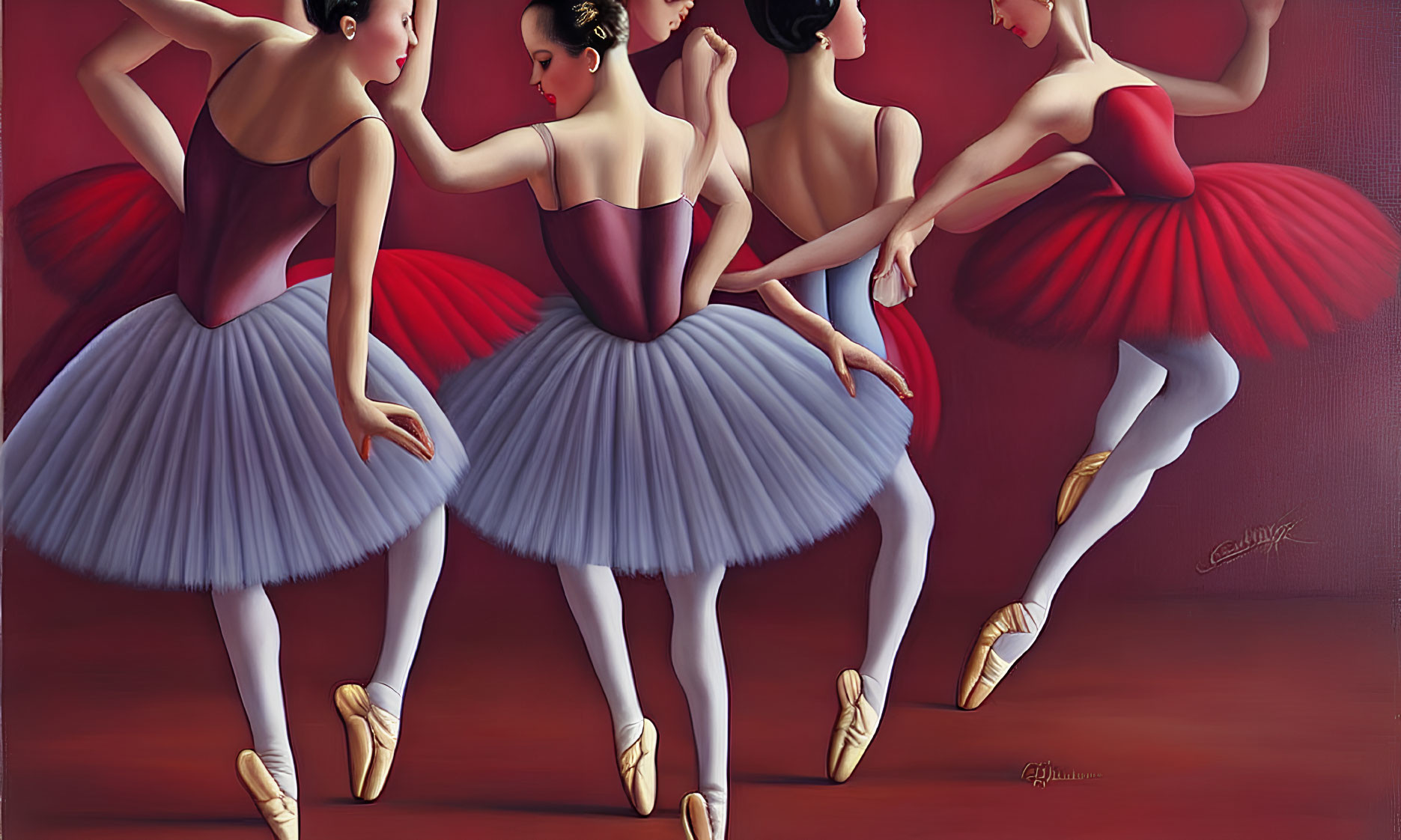 Four Ballerinas in Red and White Costumes Performing with Poise