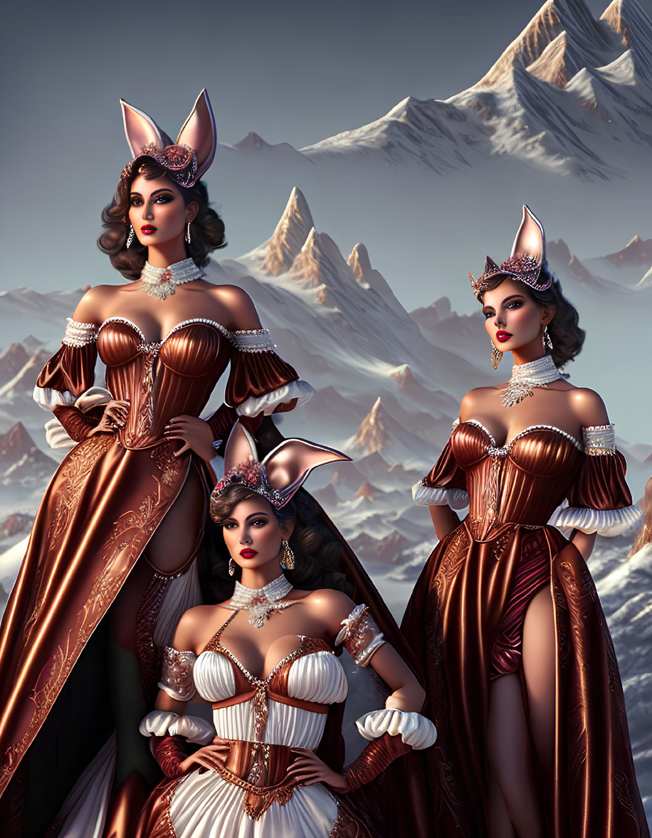 Three women in fantasy dresses with rabbit ear headpieces against snowy mountains