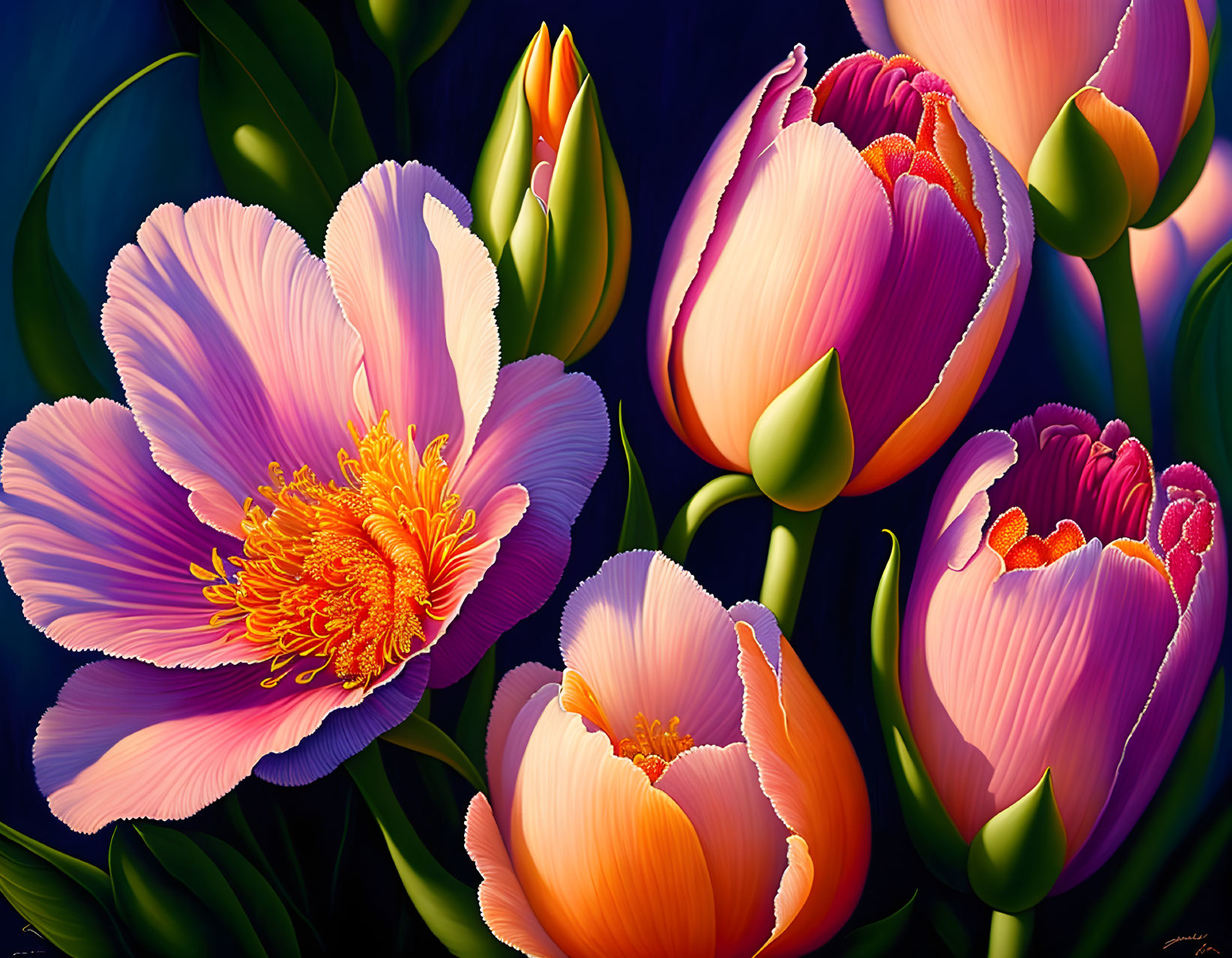 Colorful digital painting of pink and orange tulips on dark background