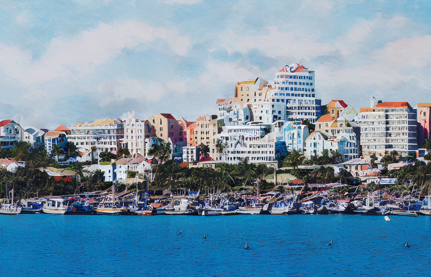 Vibrant Coastal Buildings and Marina Scene under Blue Sky