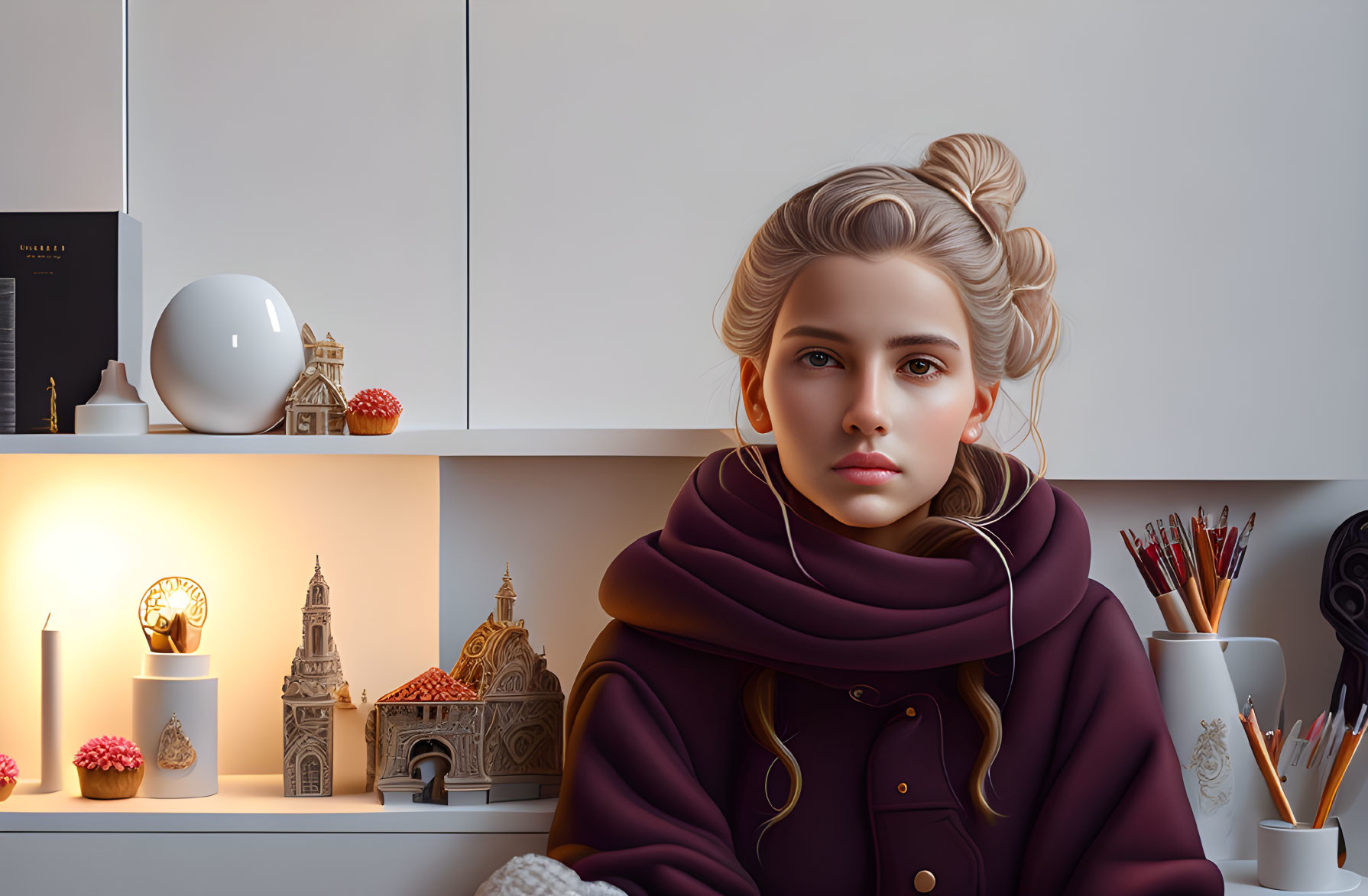 Digital illustration of woman in bun, earphones, maroon jacket, at desk with art supplies