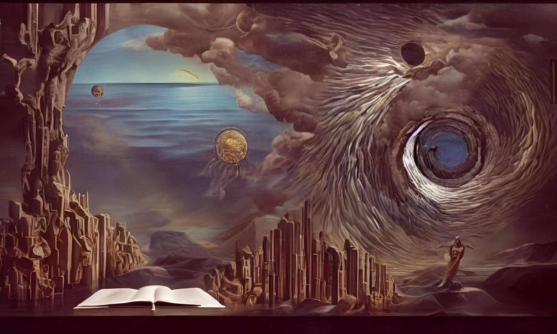 Surreal landscape with open book, human figure, swirling clouds, celestial bodies, and city-like