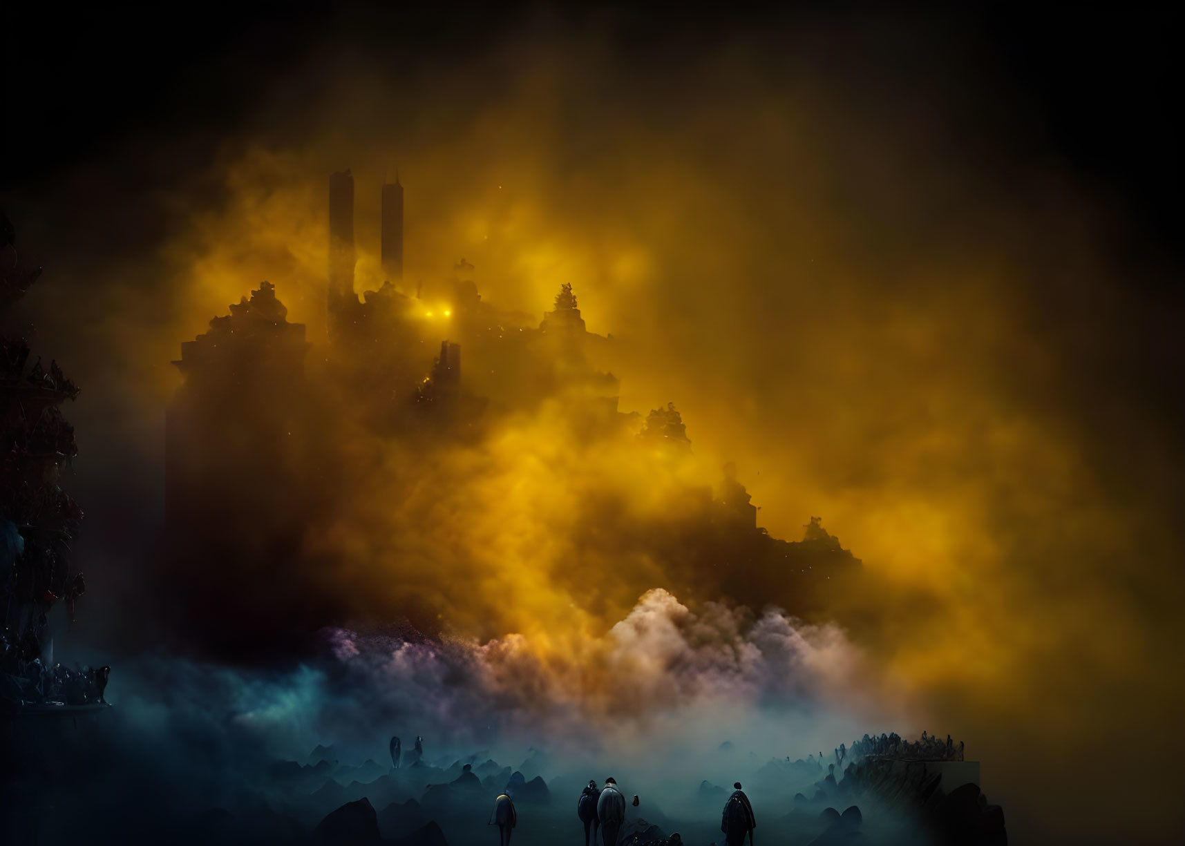 Misty landscape with silhouetted figures & glowing lights