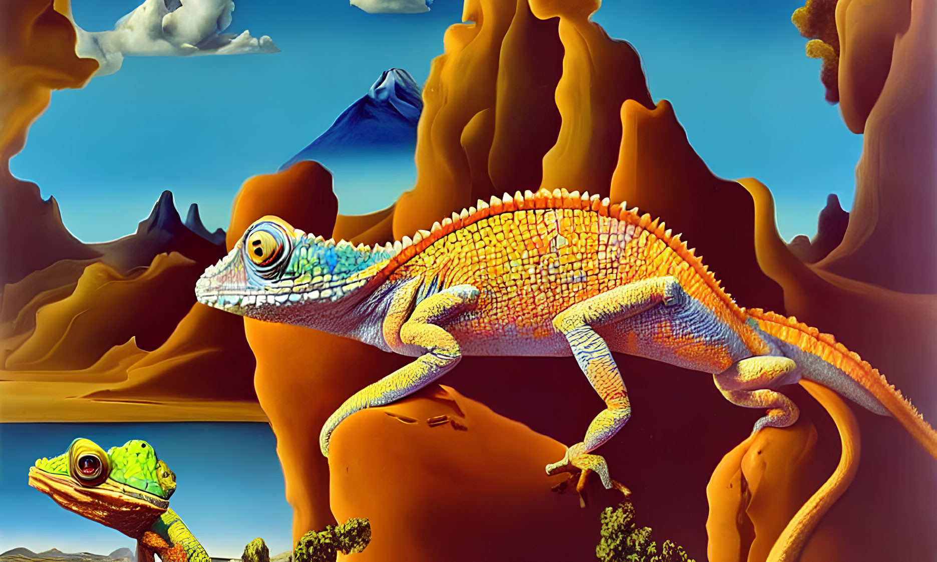 Colorful chameleon on branch in surreal desert landscape