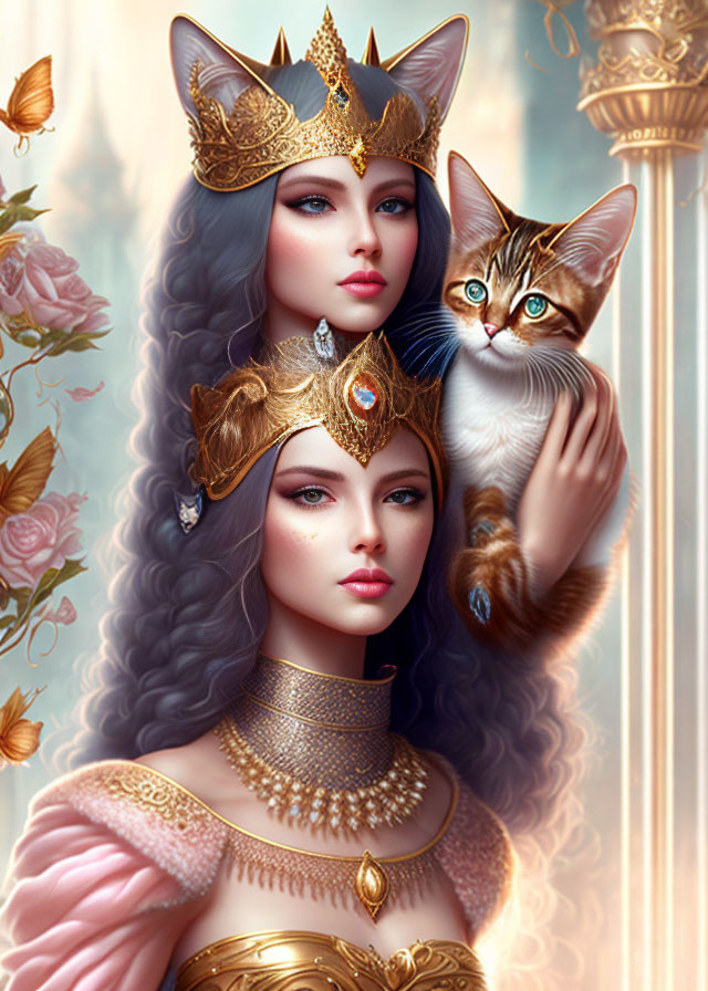 Regal women with golden crowns and jewelry holding a tabby cat among soft roses