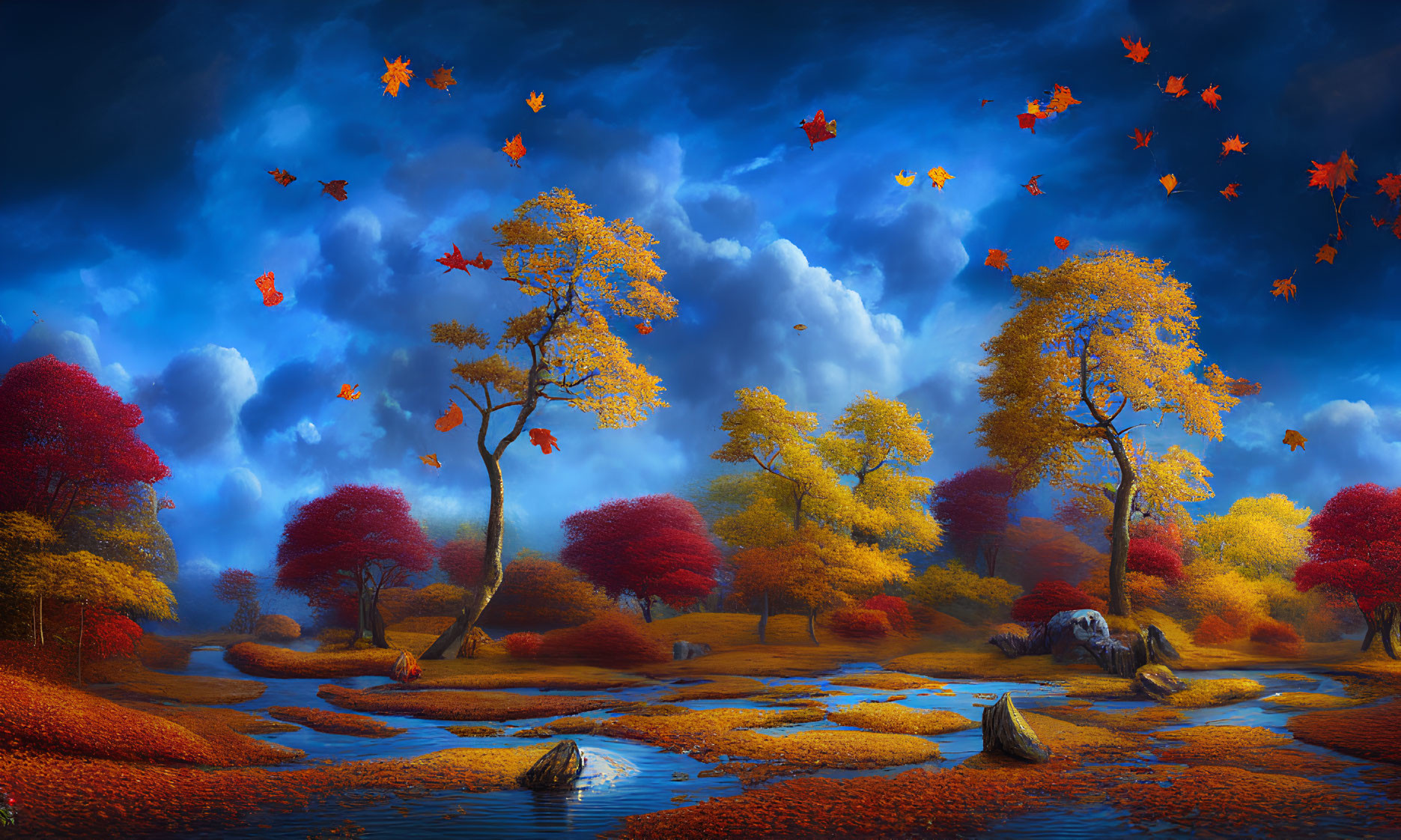 Colorful autumn landscape with trees, fallen leaves, winding stream, and dramatic sky