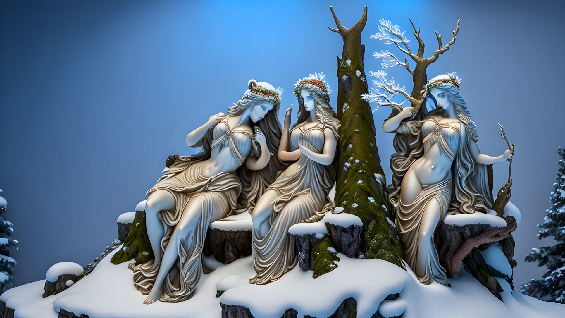 Three nymph-like statues with twig crowns near snow-covered tree on blue background