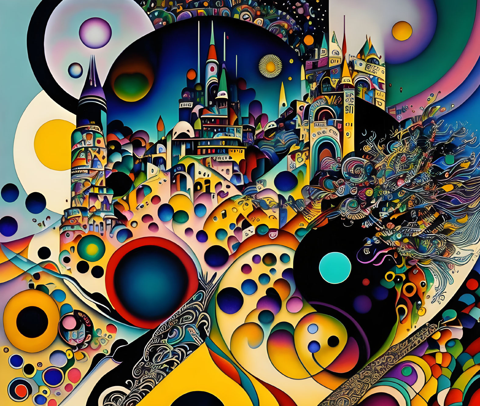 Colorful surreal artwork: fantastical cityscape with whimsical structures and vibrant peacock.