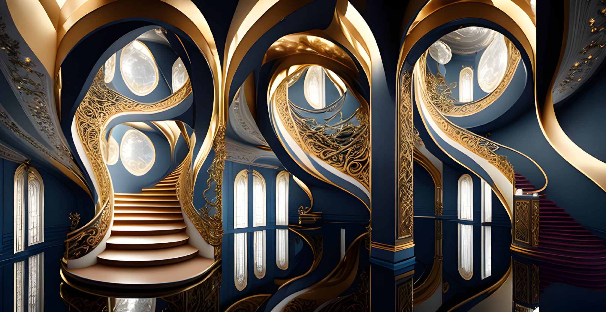 Opulent golden spiral staircase in a blue interior with moonlit backdrop