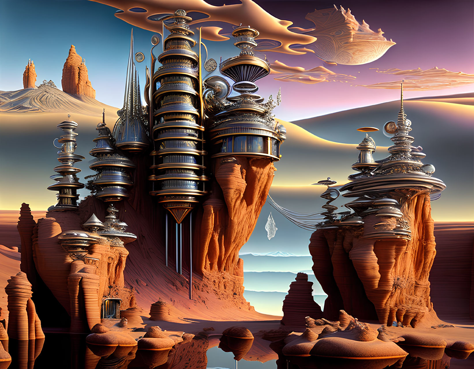 Futuristic cityscape with metallic towers on desert rocks under surreal sky